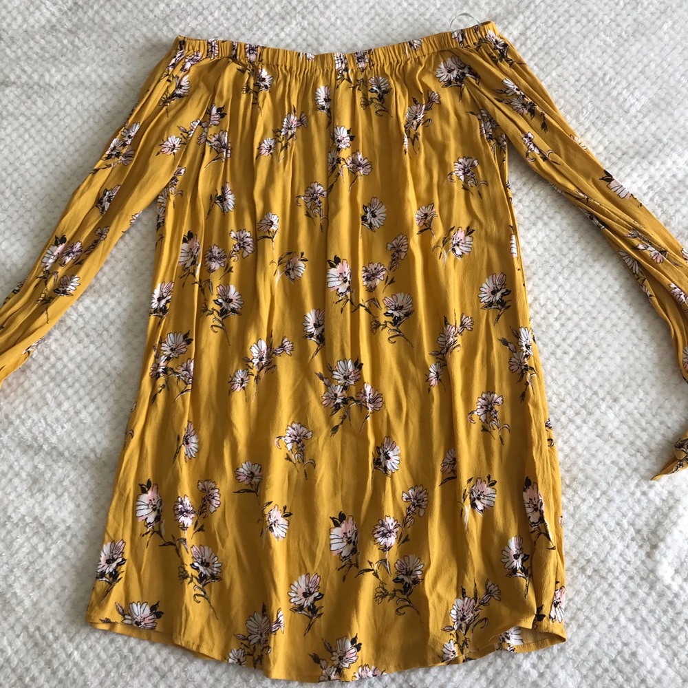 Yellow floral print off the shoulder dress
